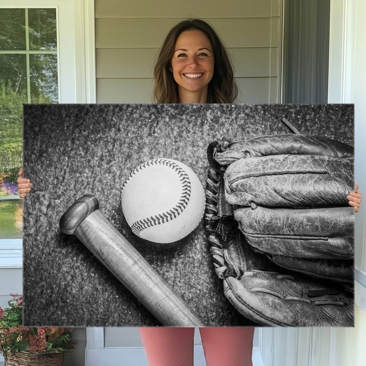 83916-MGV-CV-36X24-Vintage Baseball Glove and Bat Sports Wall Art Canvas, Baseball Glove and Bat Sports Canvas Print