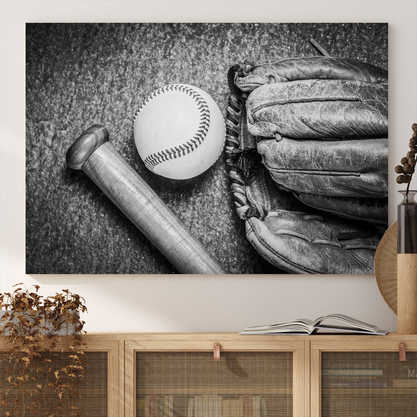 83916-MGV-CV-36X24-Vintage Baseball Glove and Bat Sports Wall Art Canvas, Baseball Glove and Bat Sports Canvas Print