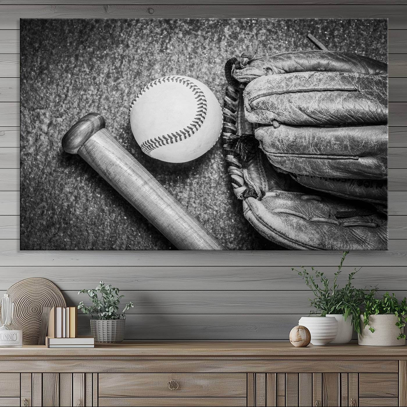 83916-MGV-CV-36X24-Vintage Baseball Glove and Bat Sports Wall Art Canvas, Baseball Glove and Bat Sports Canvas Print