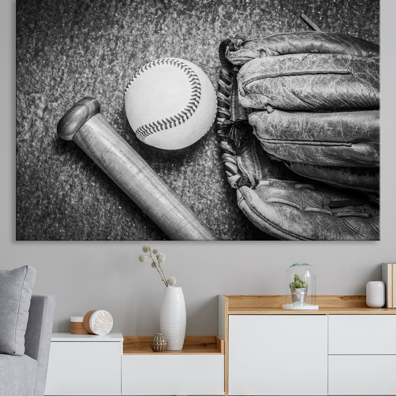 83916-MGV-CV-36X24-Vintage Baseball Glove and Bat Sports Wall Art Canvas, Baseball Glove and Bat Sports Canvas Print