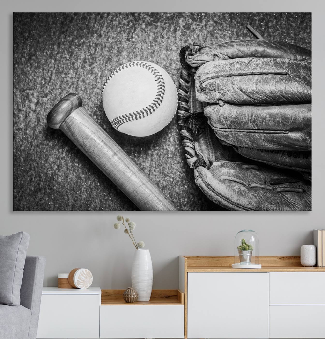 83916-MGV-CV-36X24-Vintage Baseball Glove and Bat Sports Wall Art Canvas, Baseball Glove and Bat Sports Canvas Print