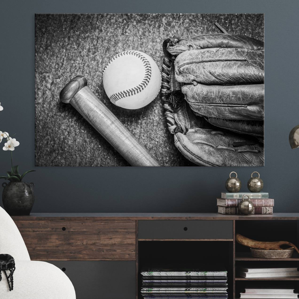 83916-MGV-CV-36X24-Vintage Baseball Glove and Bat Sports Wall Art Canvas, Baseball Glove and Bat Sports Canvas Print