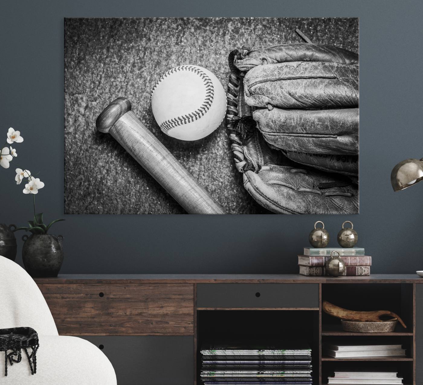 83916-MGV-CV-36X24-Vintage Baseball Glove and Bat Sports Wall Art Canvas, Baseball Glove and Bat Sports Canvas Print
