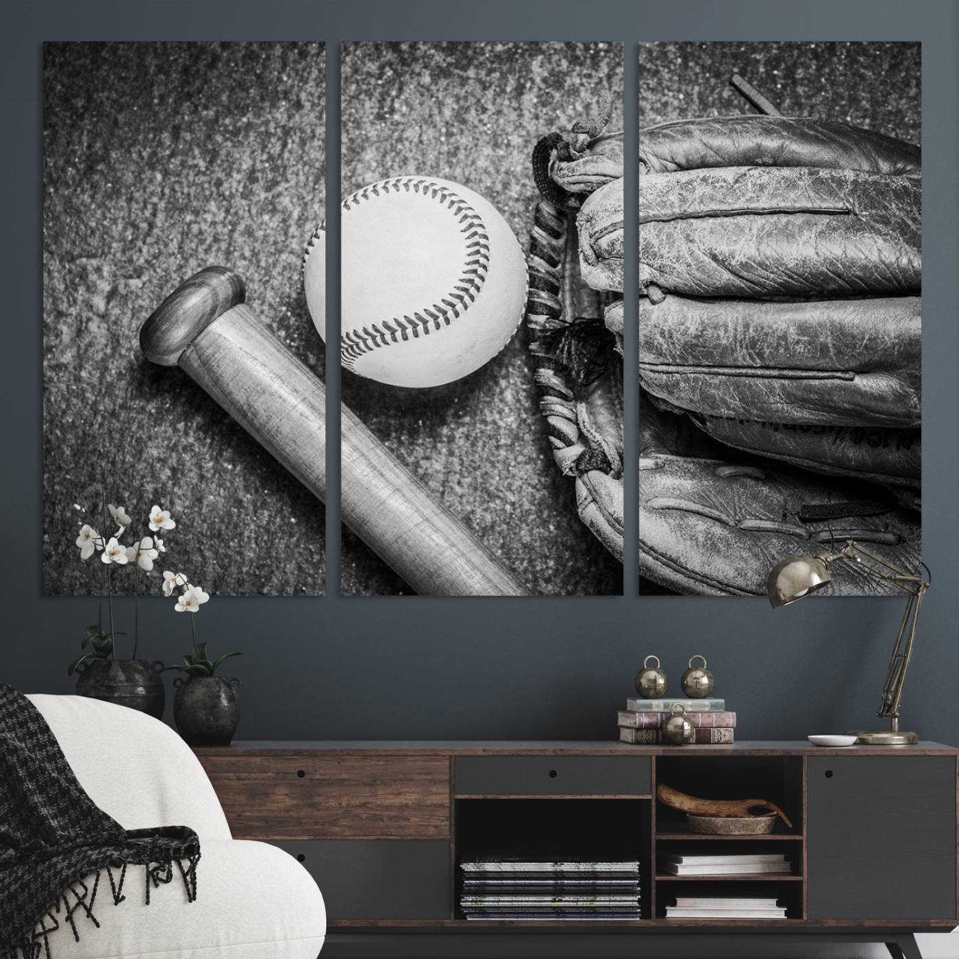 83916-MGV-CV-48X32-3P-Vintage Baseball Glove and Bat Sports Wall Art Canvas, Baseball Glove and Bat Sports Canvas Print