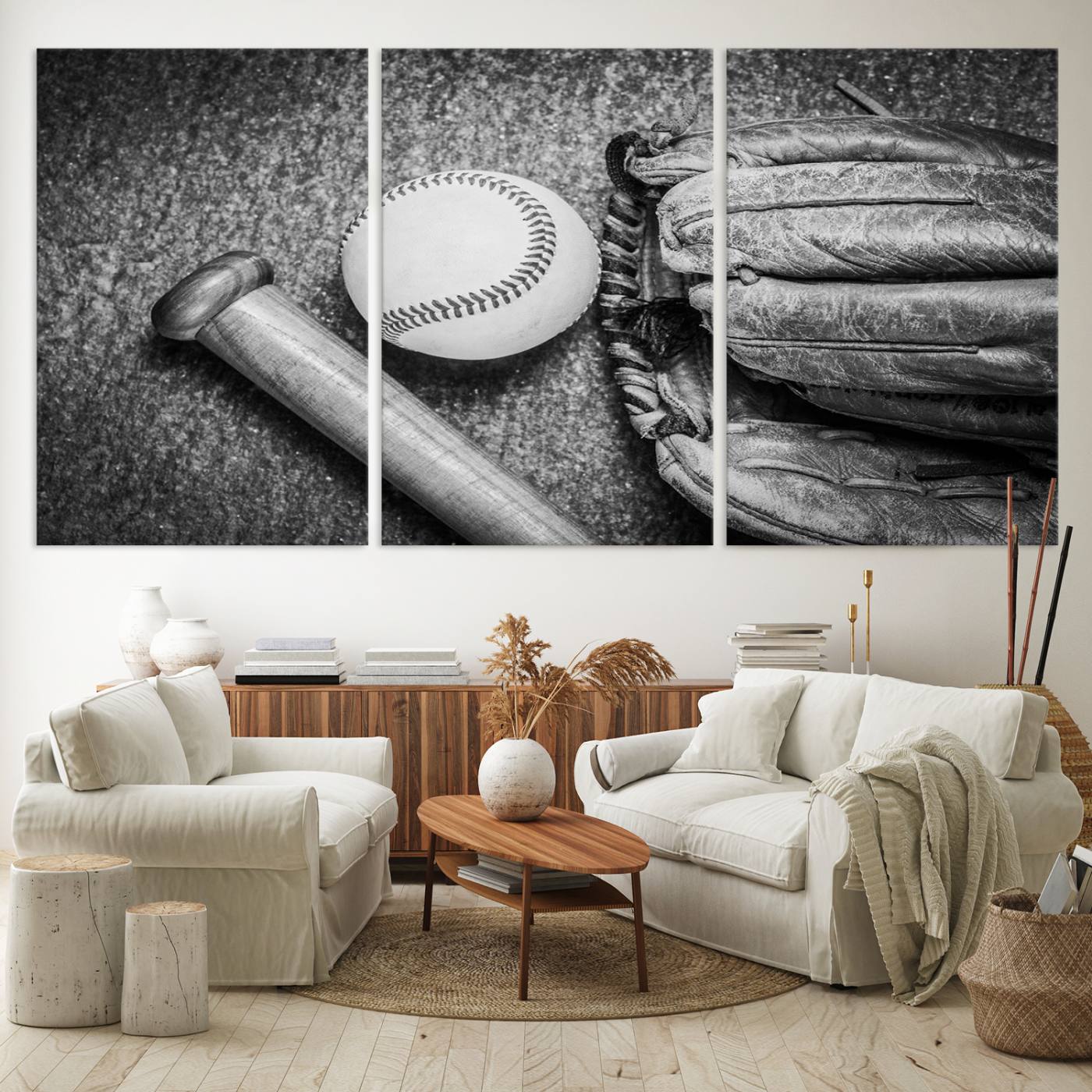 83916-MGV-CV-60X30-3P-Vintage Baseball Glove and Bat Sports Wall Art Canvas, Baseball Glove and Bat Sports Canvas Print