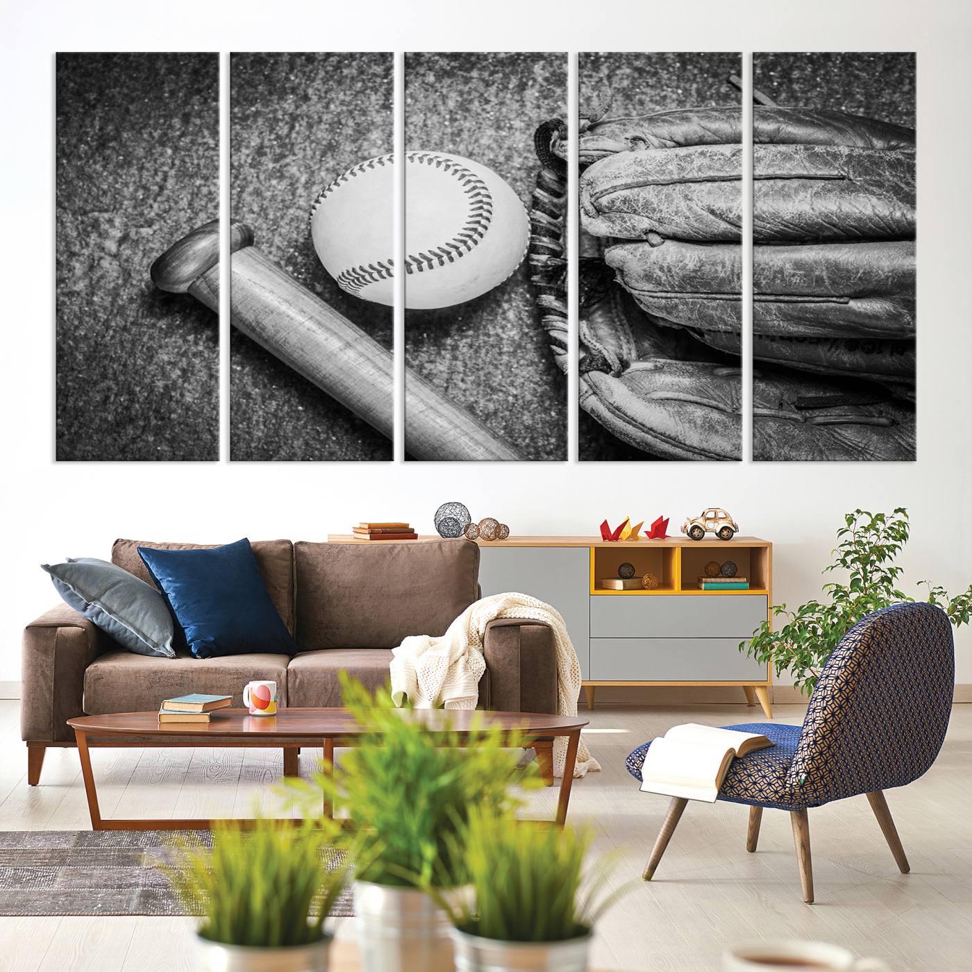 83916-MGV-CV-60X31-5P-Vintage Baseball Glove and Bat Sports Wall Art Canvas, Baseball Glove and Bat Sports Canvas Print