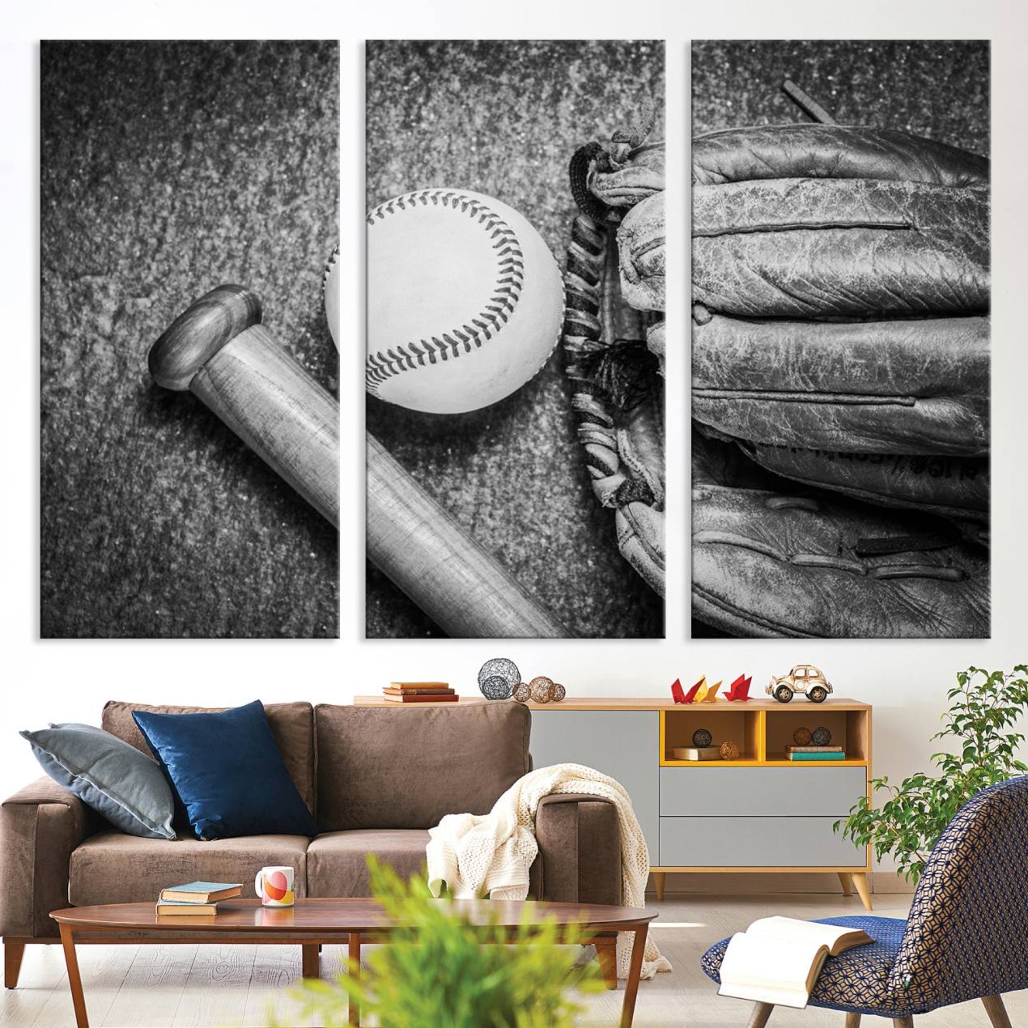 83916-MGV-CV-36X24-Vintage Baseball Glove and Bat Sports Wall Art Canvas, Baseball Glove and Bat Sports Canvas Print