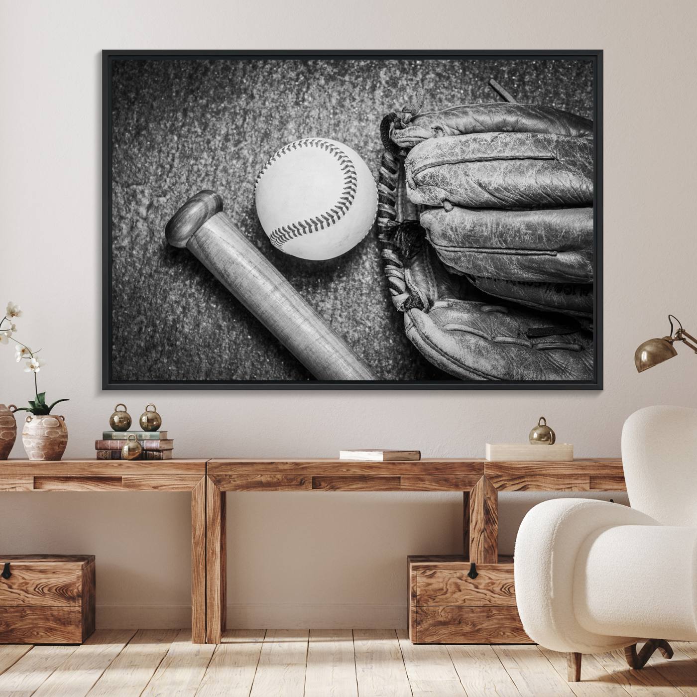 83916-MGV-FC-36X24_Black-Vintage Baseball Glove and Bat Sports Wall Art Canvas, Baseball Glove and Bat Sports Canvas Print