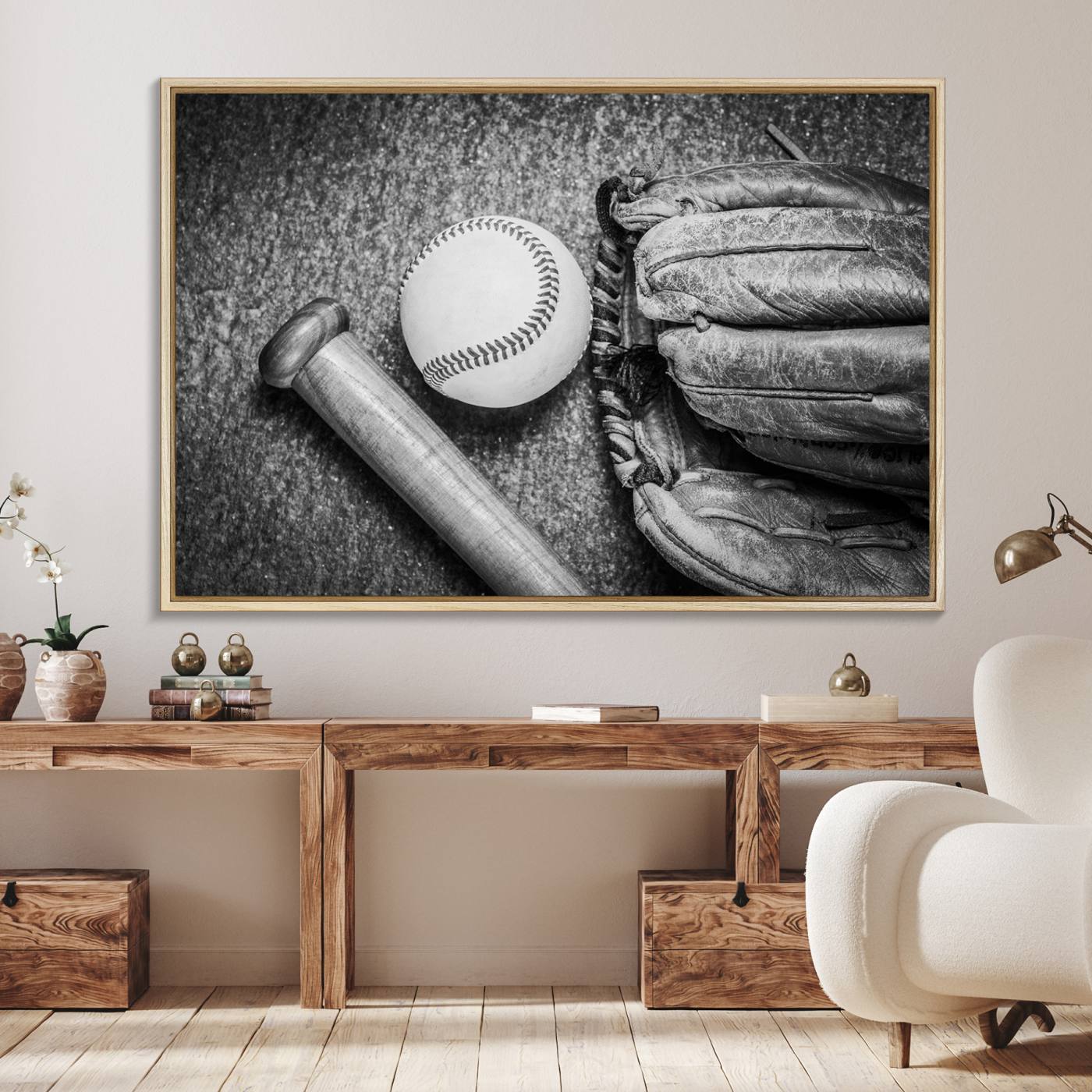 83916-MGV-FC-36X24_Natural-Vintage Baseball Glove and Bat Sports Wall Art Canvas, Baseball Glove and Bat Sports Canvas Print