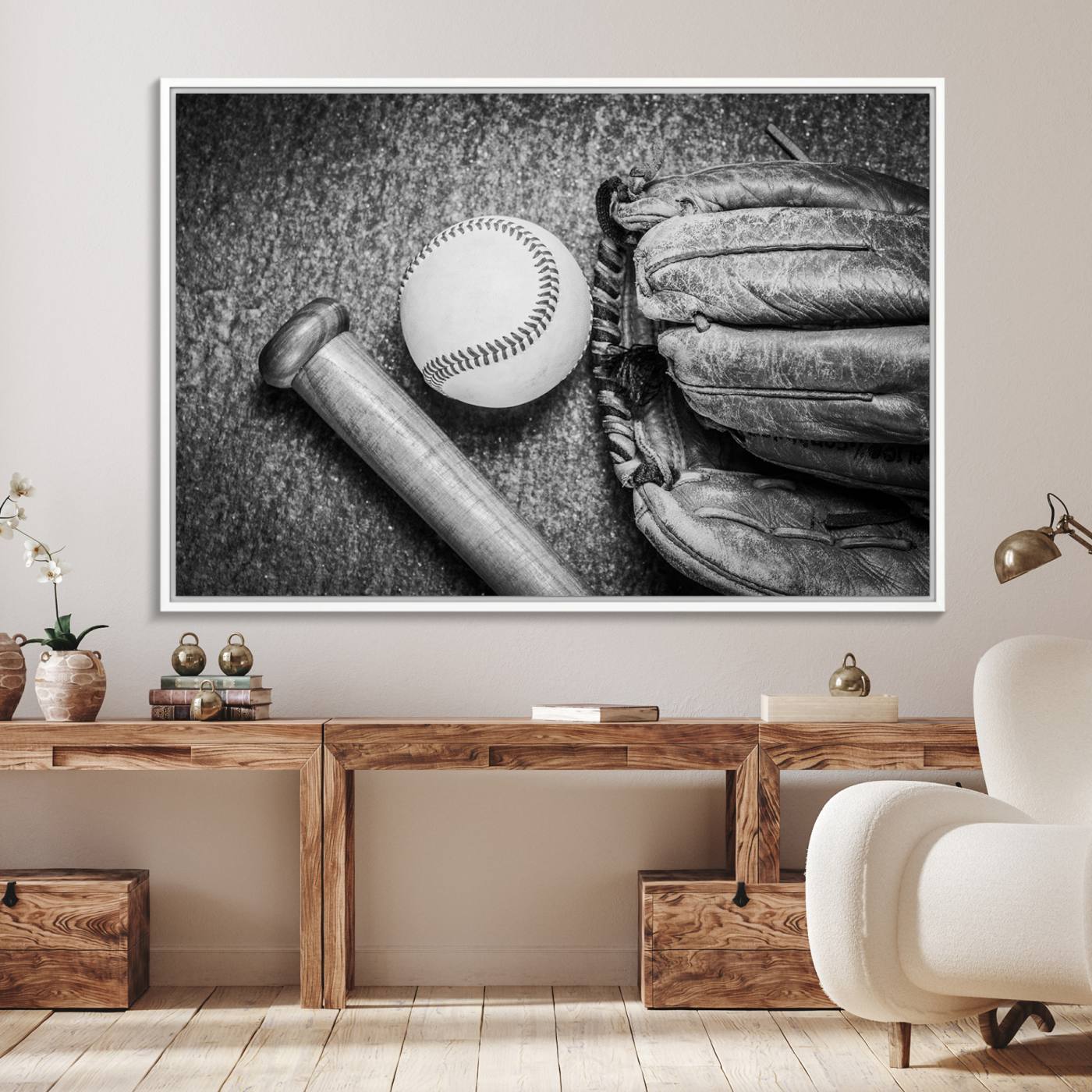 83916-MGV-FC-36X24_White-Vintage Baseball Glove and Bat Sports Wall Art Canvas, Baseball Glove and Bat Sports Canvas Print
