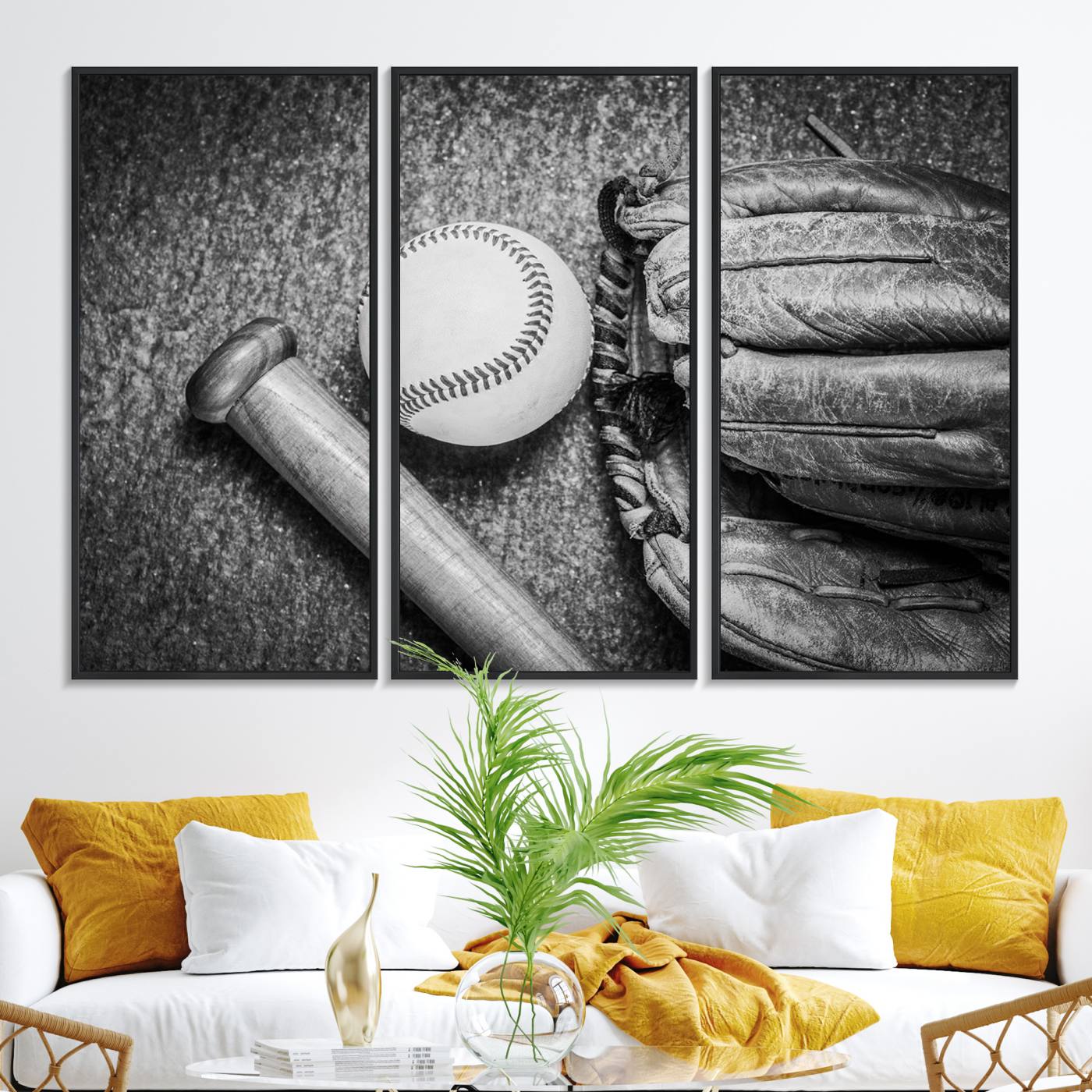 83916-MGV-FC-48X32-3P_Black-Vintage Baseball Glove and Bat Sports Wall Art Canvas, Baseball Glove and Bat Sports Canvas Print