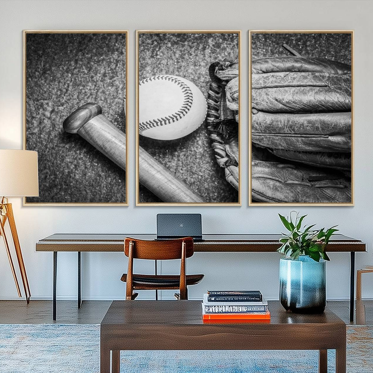 83916-MGV-FC-48X32-3P_Natural-Vintage Baseball Glove and Bat Sports Wall Art Canvas, Baseball Glove and Bat Sports Canvas Print