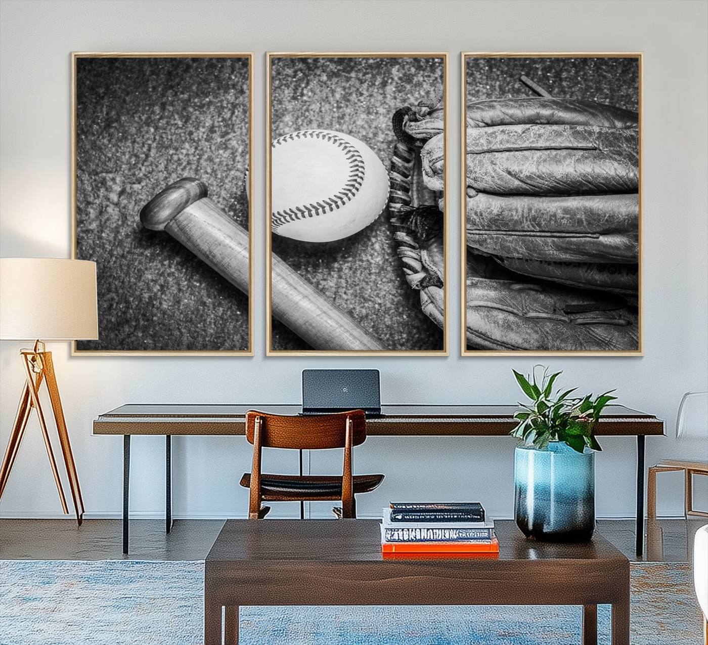 83916-MGV-FC-48X32-3P_Natural-Vintage Baseball Glove and Bat Sports Wall Art Canvas, Baseball Glove and Bat Sports Canvas Print