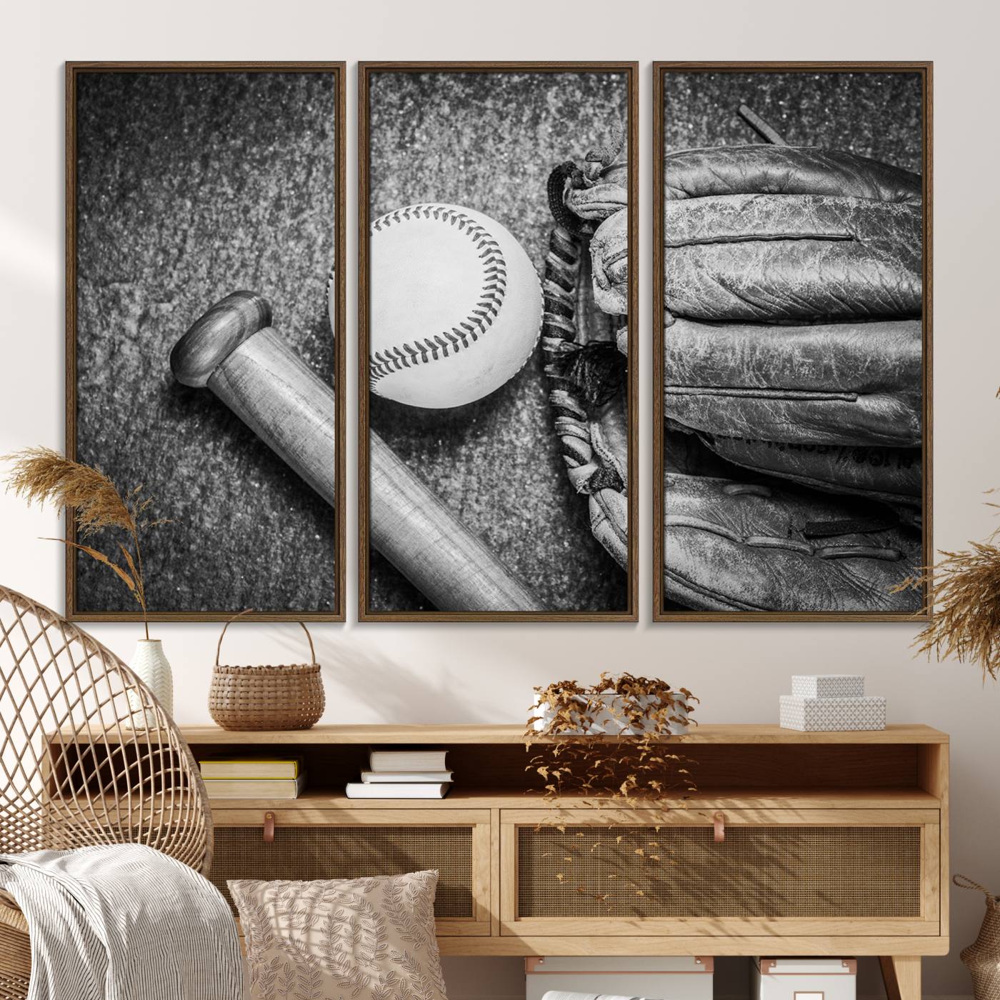 83916-MGV-FC-48X32-3P_Walnut-Vintage Baseball Glove and Bat Sports Wall Art Canvas, Baseball Glove and Bat Sports Canvas Print