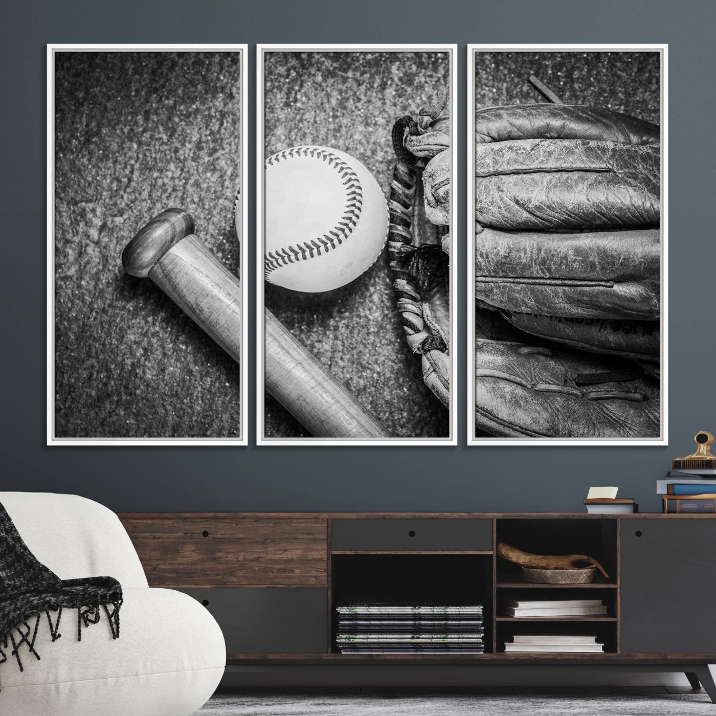 83916-MGV-FC-48X32-3P_White-Vintage Baseball Glove and Bat Sports Wall Art Canvas, Baseball Glove and Bat Sports Canvas Print