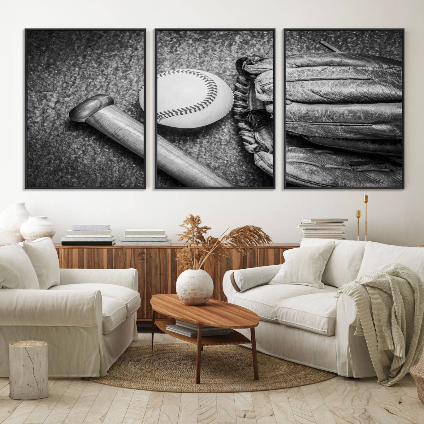 83916-MGV-FC-60X30-3P_Black-Vintage Baseball Glove and Bat Sports Wall Art Canvas, Baseball Glove and Bat Sports Canvas Print