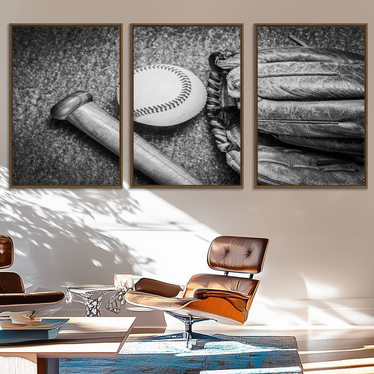 83916-MGV-FC-60X30-3P_Walnut-Vintage Baseball Glove and Bat Sports Wall Art Canvas, Baseball Glove and Bat Sports Canvas Print