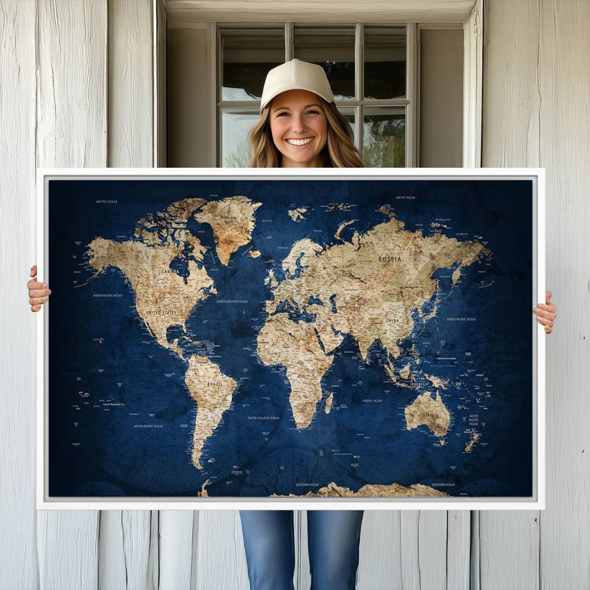 -Push Pin World Map Canvas Print – Framed Wall Art for Couples to Track Their Travels – Anniversary