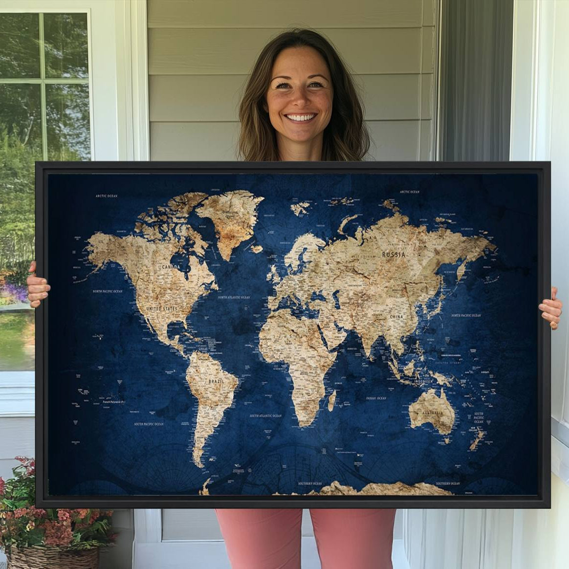 -Push Pin World Map Canvas Print – Framed Wall Art for Couples to Track Their Travels – Anniversary