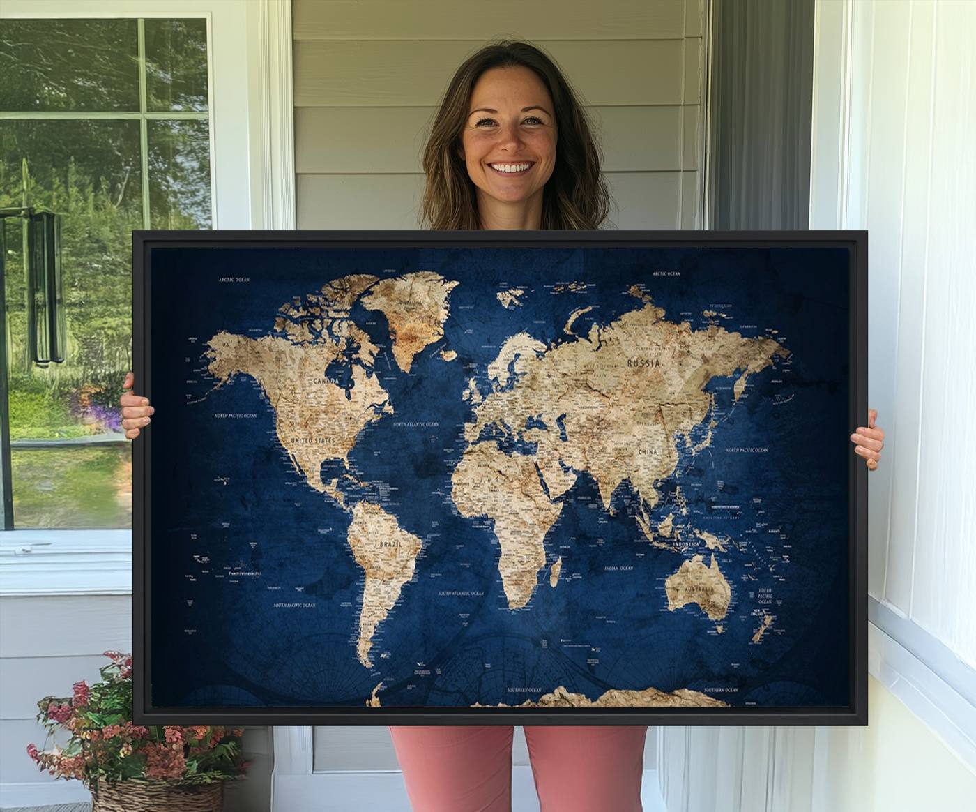 -Push Pin World Map Canvas Print – Framed Wall Art for Couples to Track Their Travels – Anniversary