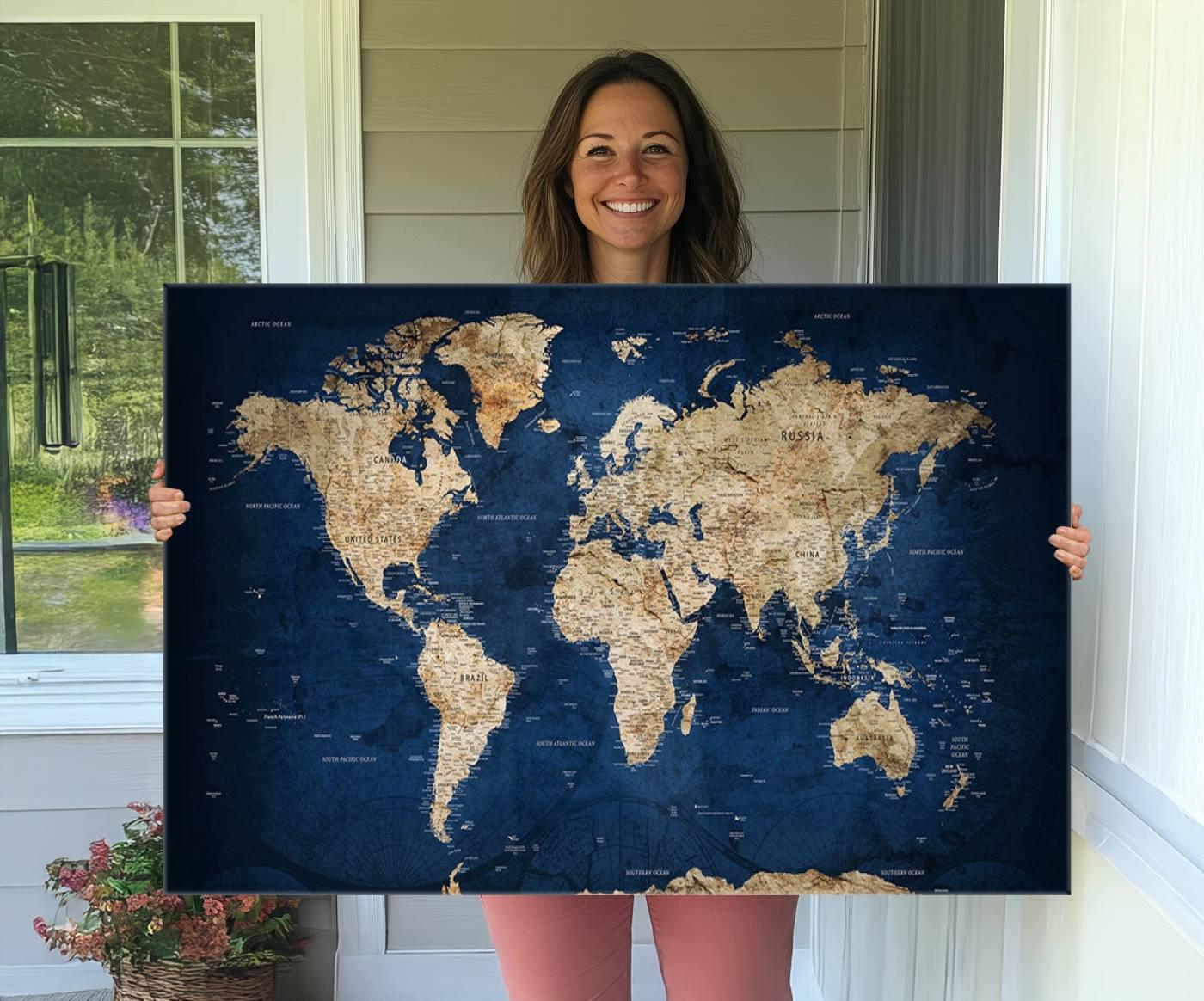 -Push Pin World Map Canvas Print – Framed Wall Art for Couples to Track Their Travels – Anniversary