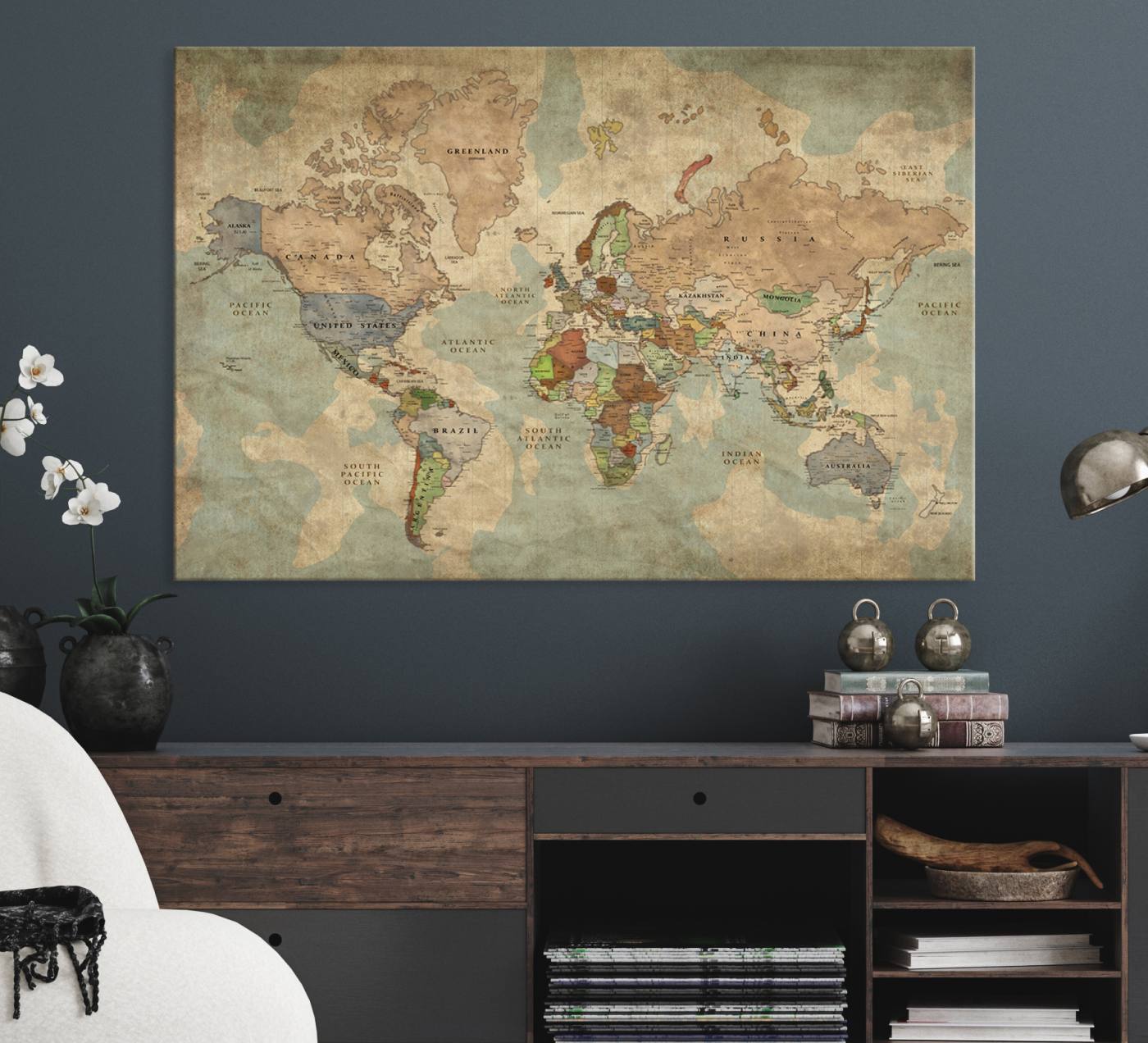 25342-MGV-CV-36X24-World Map Canvas Print – Antique Push Pin Travel Map Framed Wall Art Adventure Tracker for Home, Office
