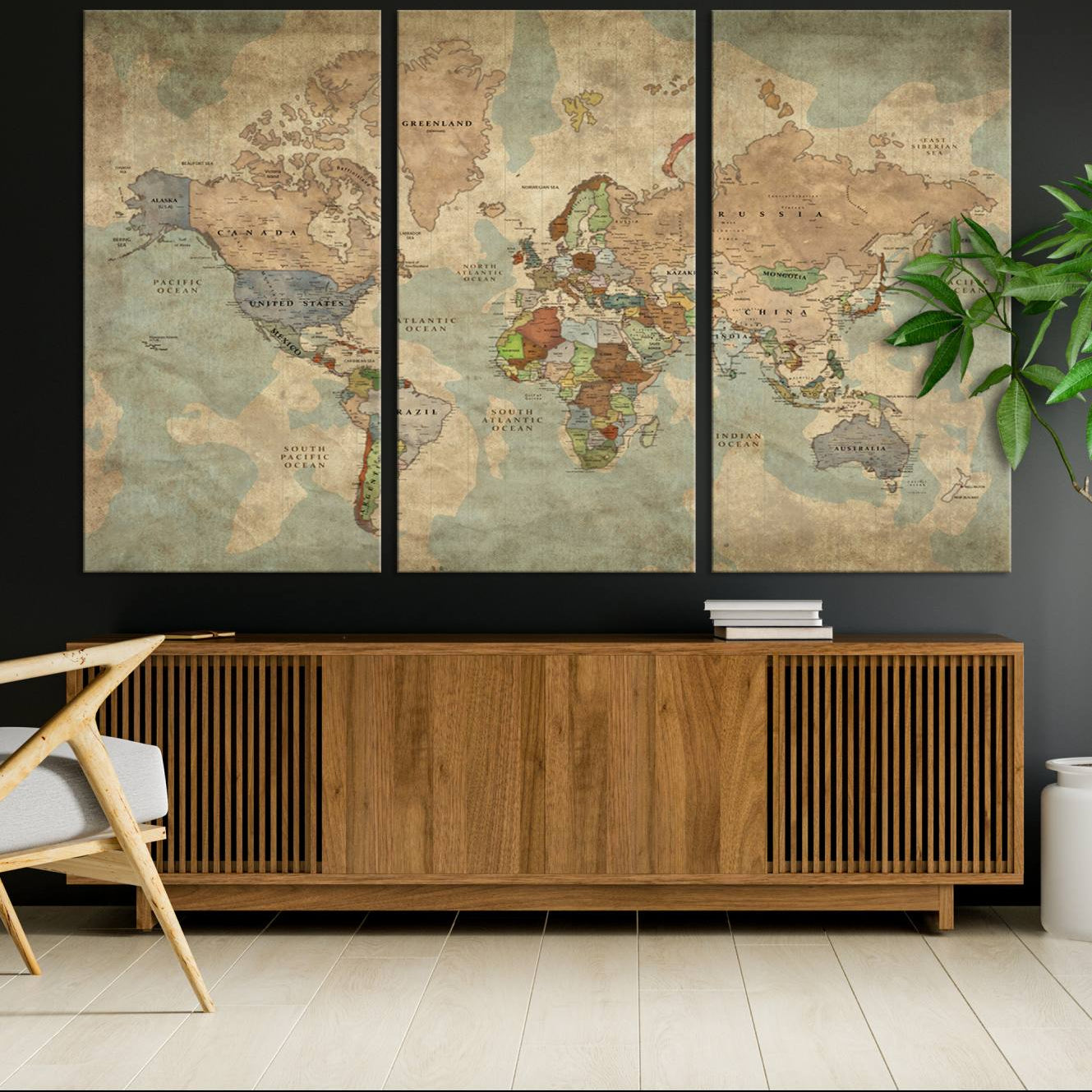 -World Map Canvas Print – Antique Push Pin Travel Map, Framed Wall Art for Home Office or Study Room Decor