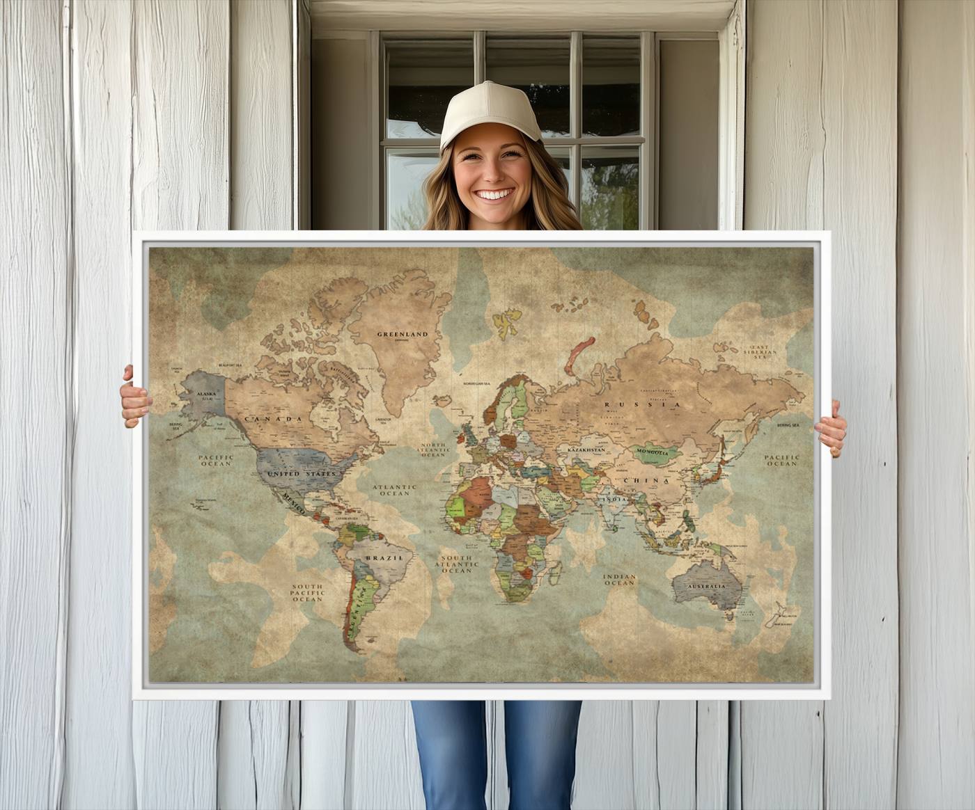 25342-MGV-CV-36X24-World Map Canvas Print – Antique Push Pin Travel Map Framed Wall Art Adventure Tracker for Home, Office