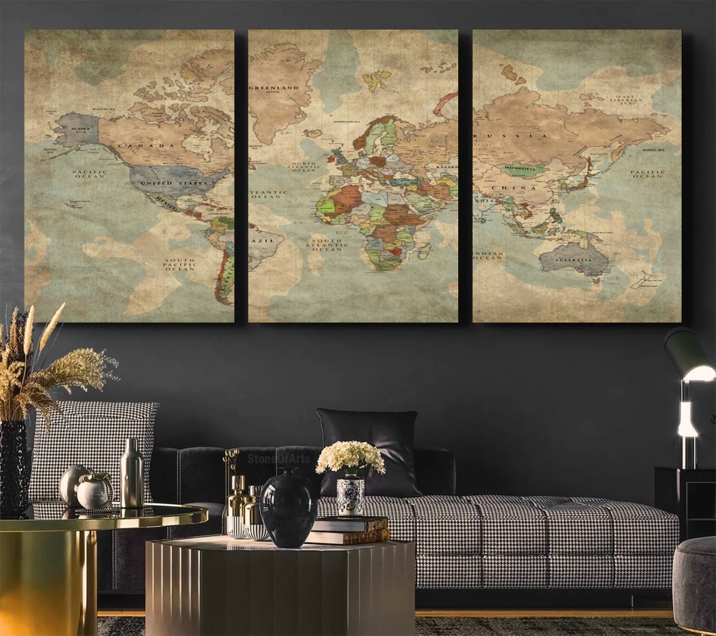 25342-MGV-CV-60X30-3P-World Map Canvas Print – Antique Push Pin Travel Map Framed Wall Art Adventure Tracker for Home, Office