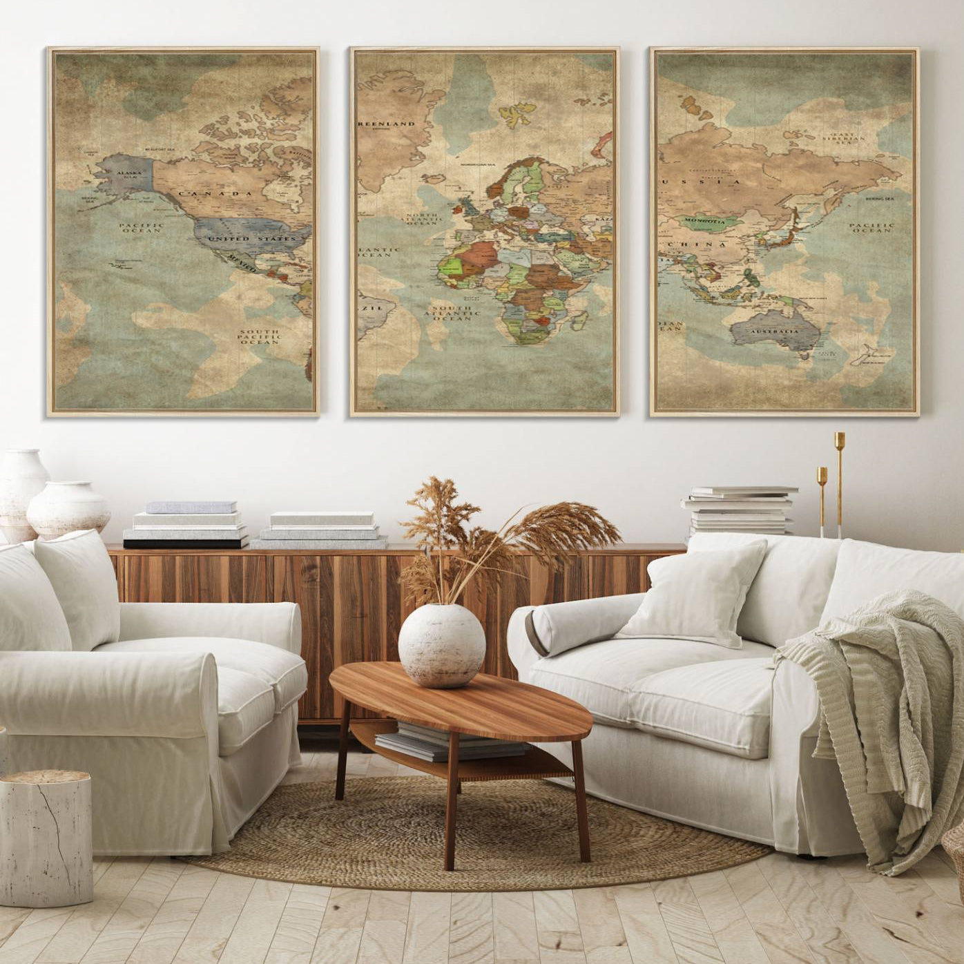 25342-MGV-FC-60X30-3P_Natural-World Map Canvas Print – Antique Push Pin Travel Map, Framed Wall Art for Home Office or Study Room Decor