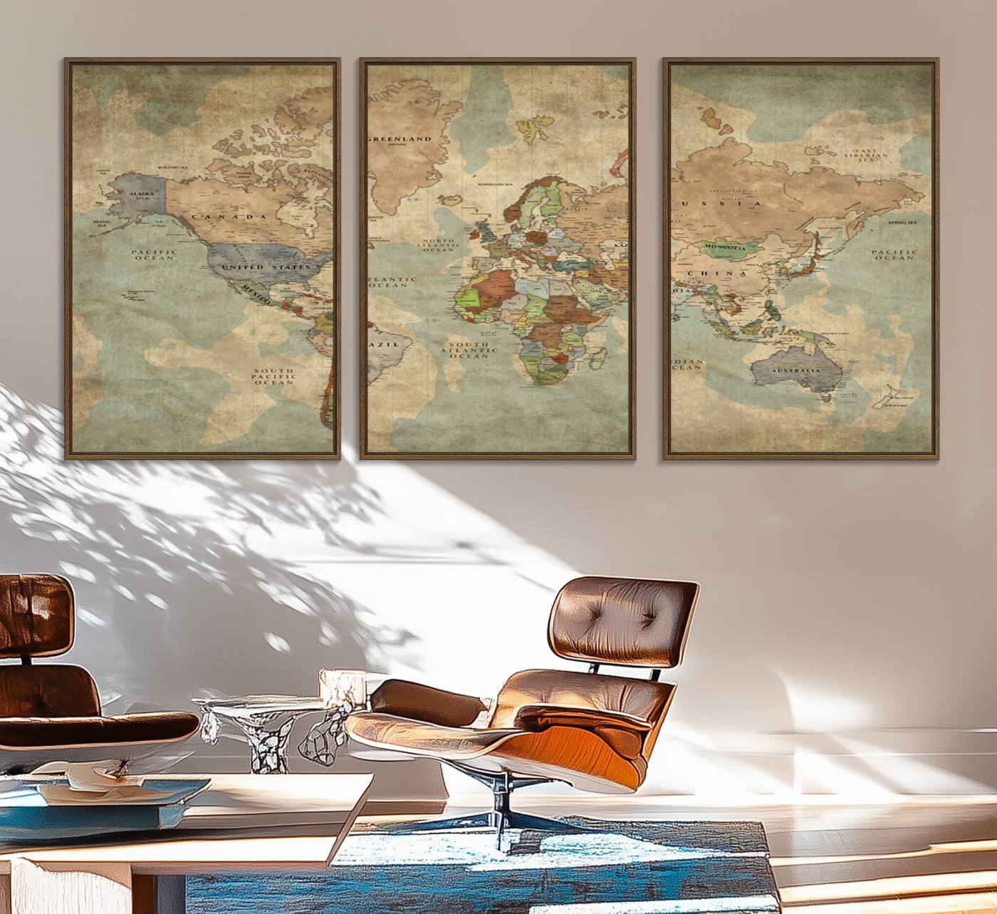 25342-MGV-FC-60X30-3P_Walnut-World Map Canvas Print – Antique Push Pin Travel Map Framed Wall Art Adventure Tracker for Home, Office