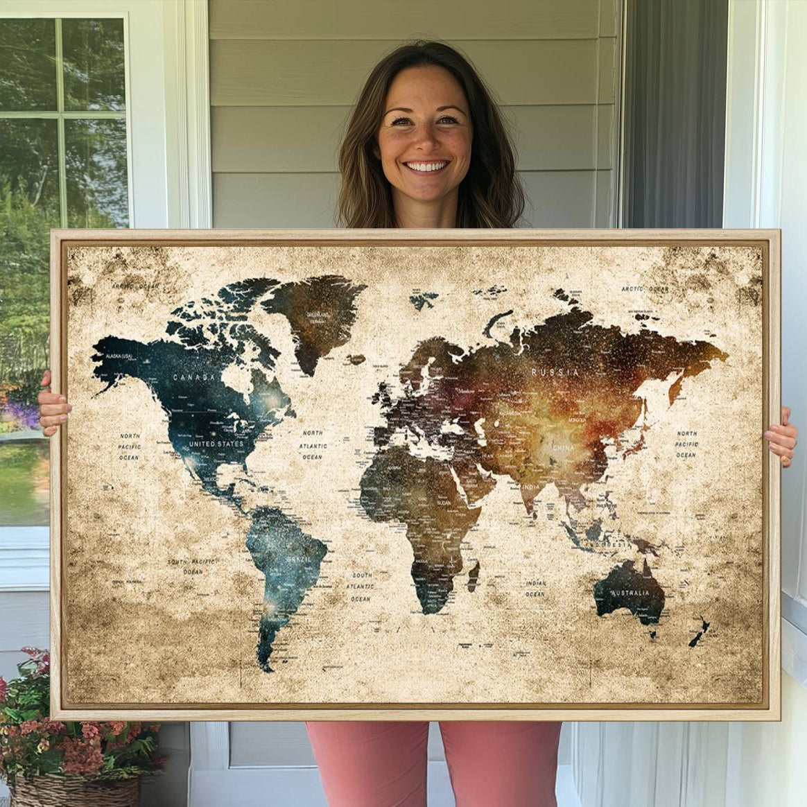 55201-MGV-CV-36X24-Push Pin World Map Canvas Print – Travel Tracker Wall Art for Couples, Perfect Anniversary Gift for Home or Office Decor