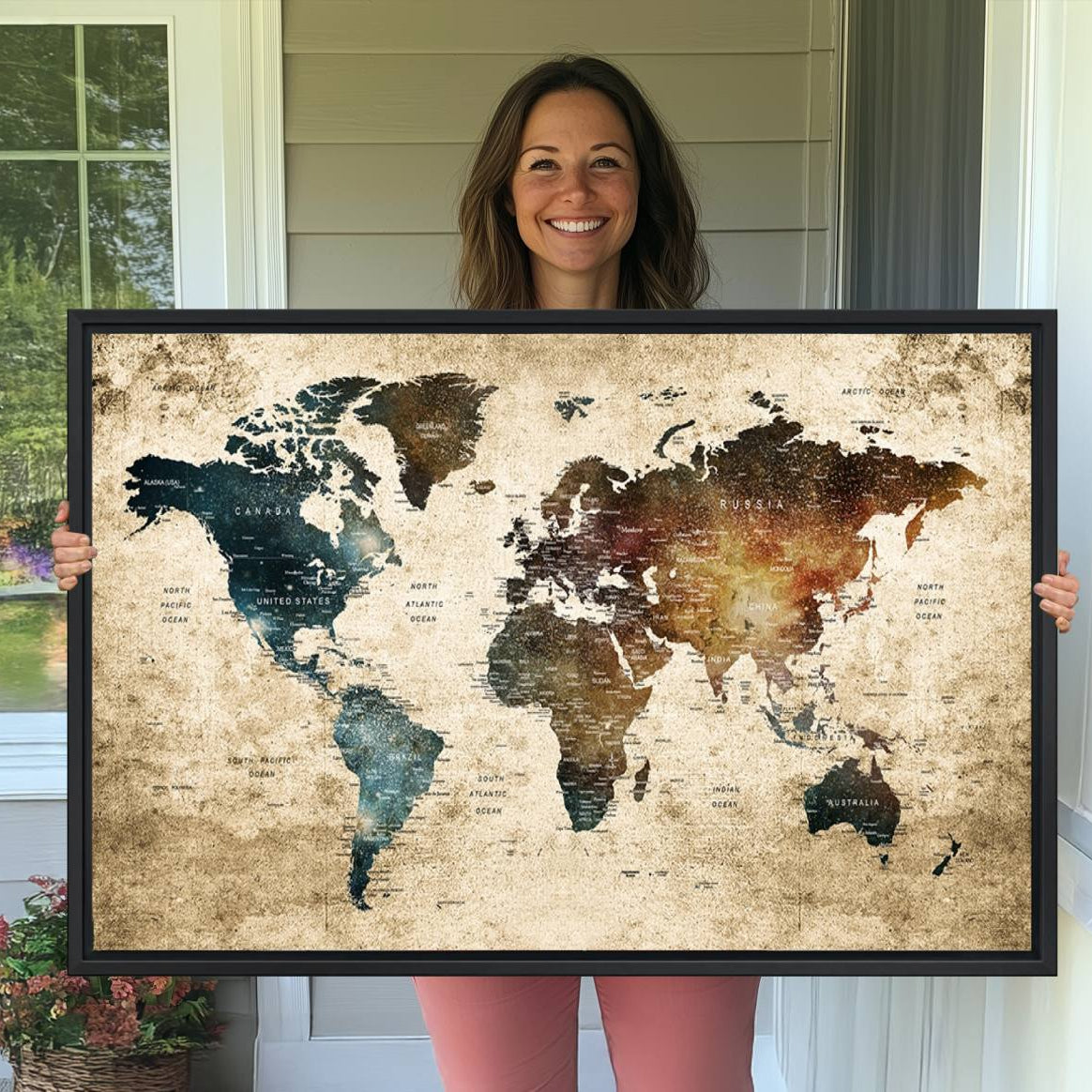 -Push Pin World Map Canvas Print – Framed Wall Art for Couples to Track Their Travels – Anniversary