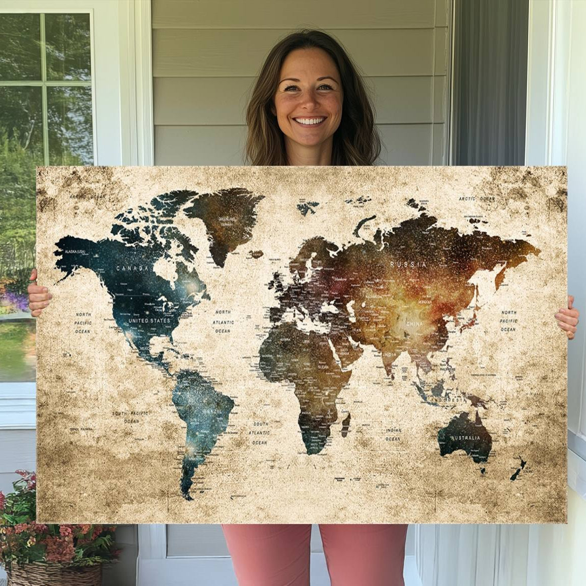 55201-MGV-CV-36X24-Push Pin World Map Canvas Print – Travel Tracker Wall Art for Couples, Perfect Anniversary Gift for Home or Office Decor