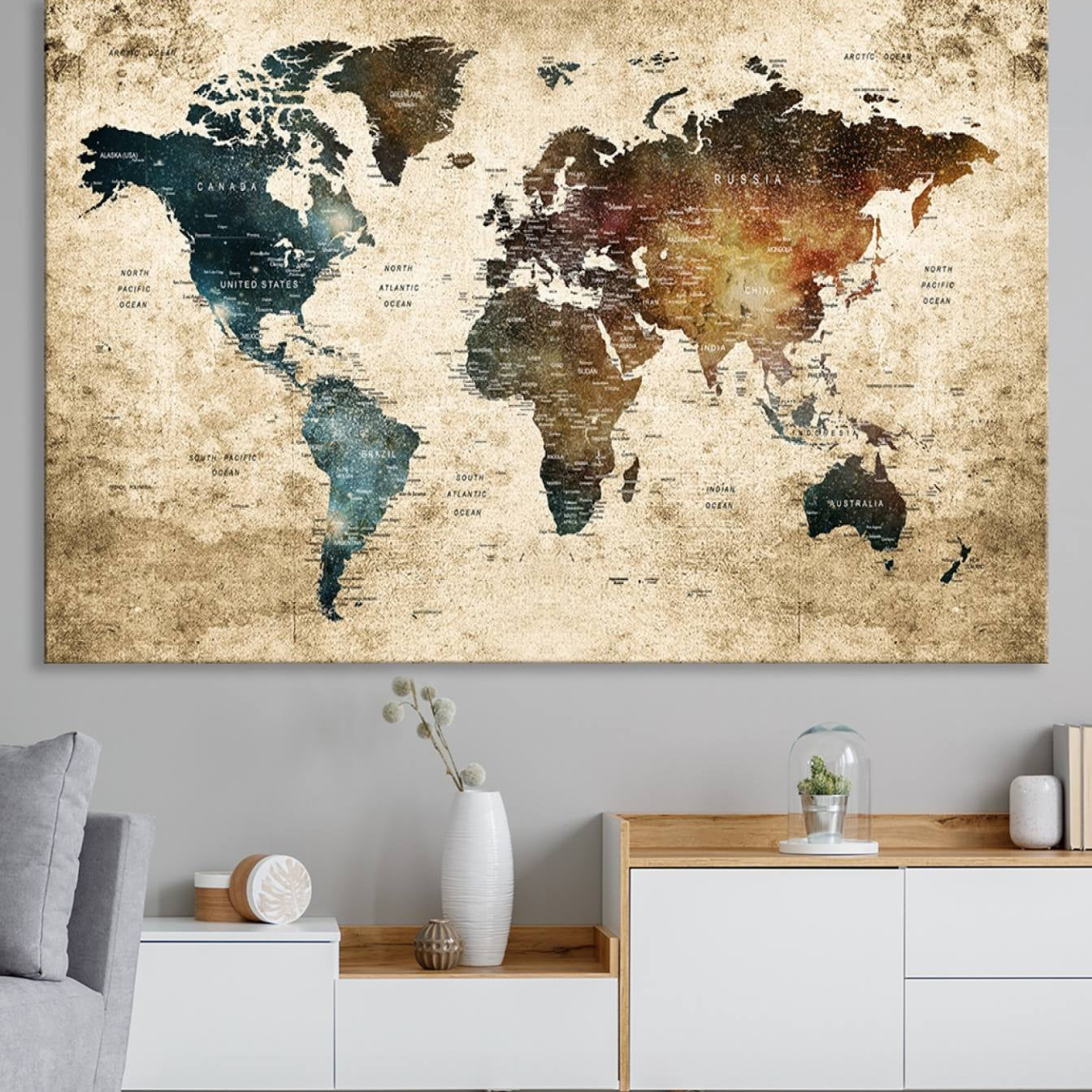 55201-MGV-CV-36X24-Push Pin World Map Canvas Print – Travel Tracker Wall Art for Couples, Perfect Anniversary Gift for Home or Office Decor