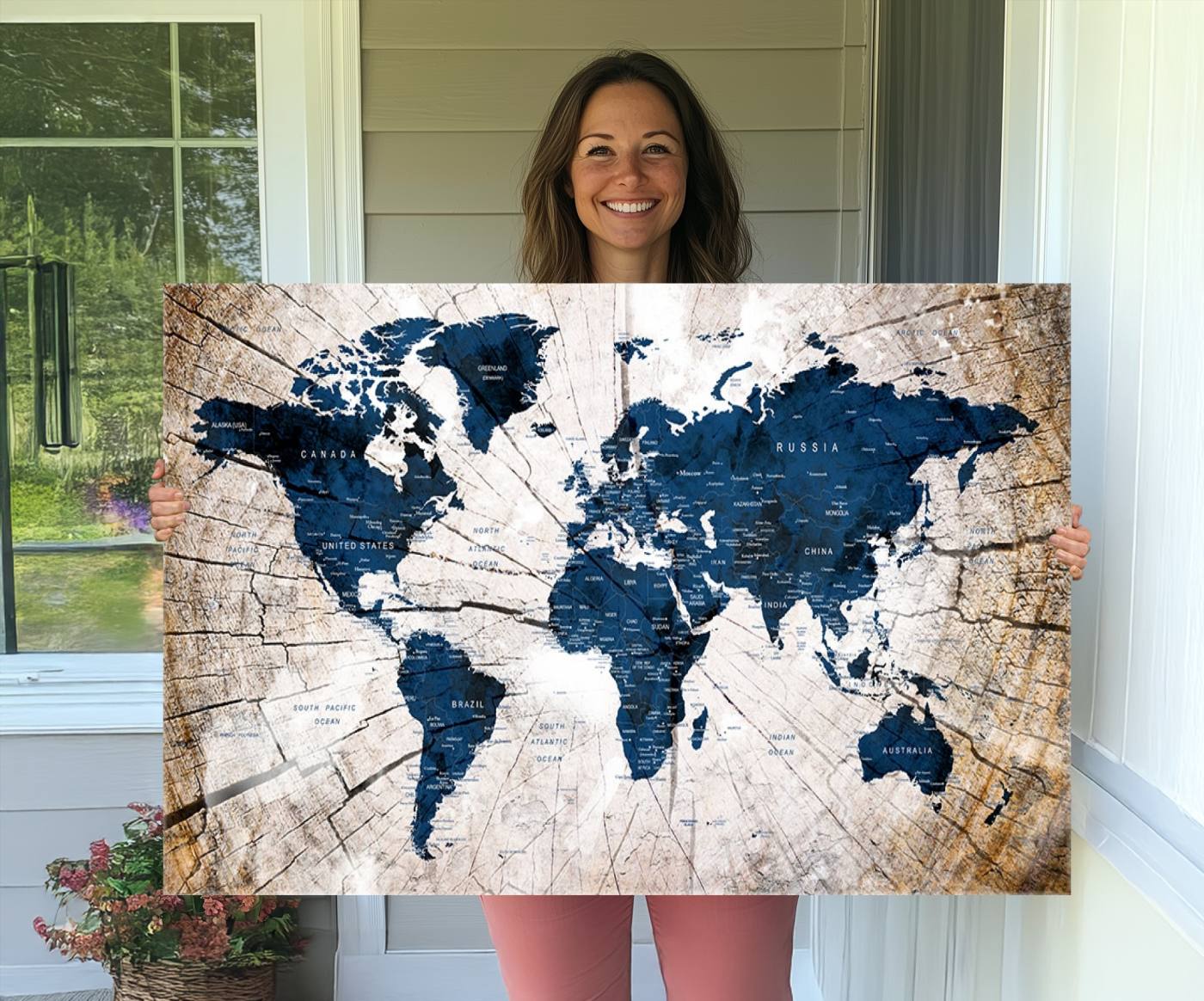-Push Pin World Map Canvas Print – Framed Wall Art for Couples to Track Their Travels – Anniversary