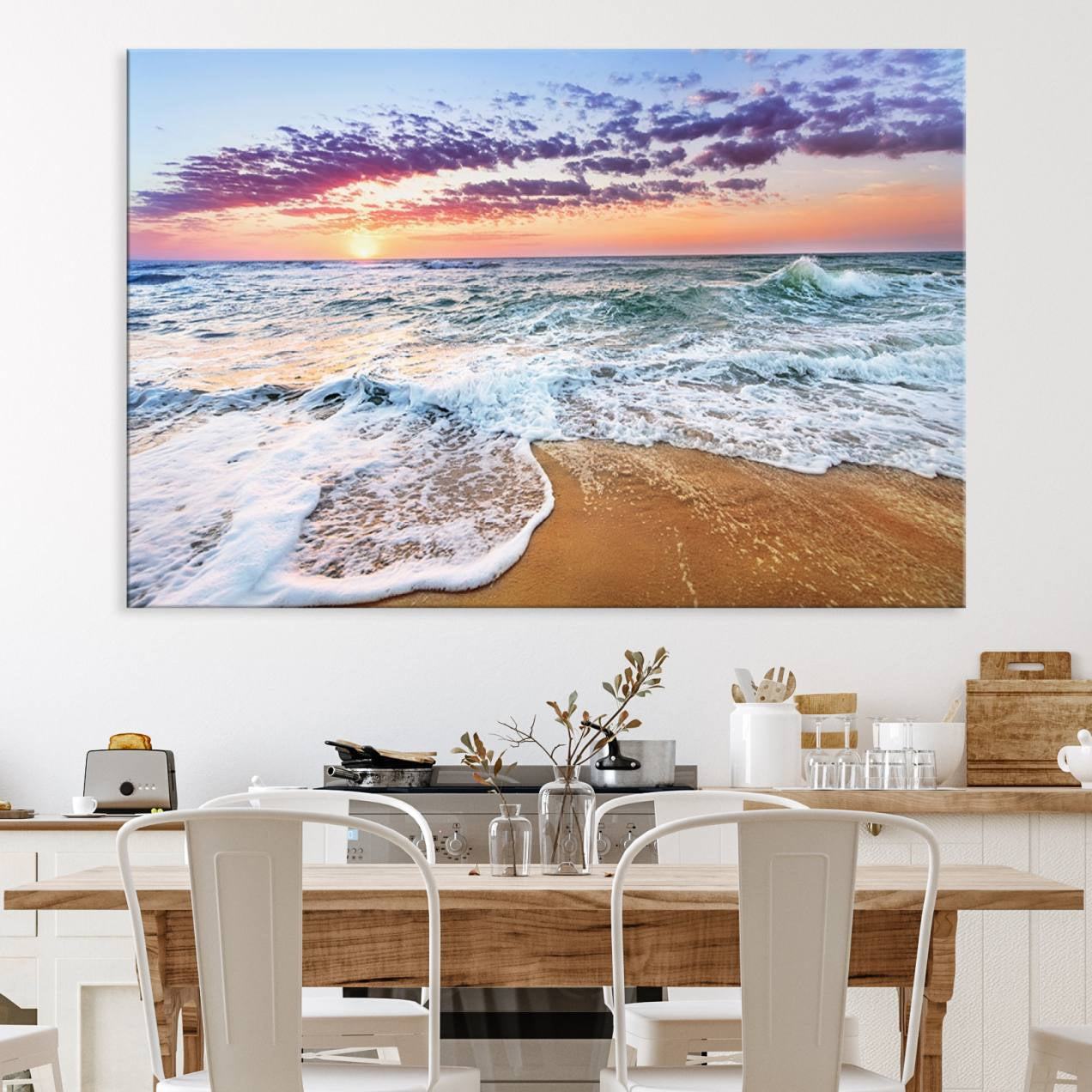 44120-MGV-CV-36X24-Vivid Sunset Ocean Waves Wall Art Print, Coastal Beach Canvas Print, Triptych Sunset Beach Art for