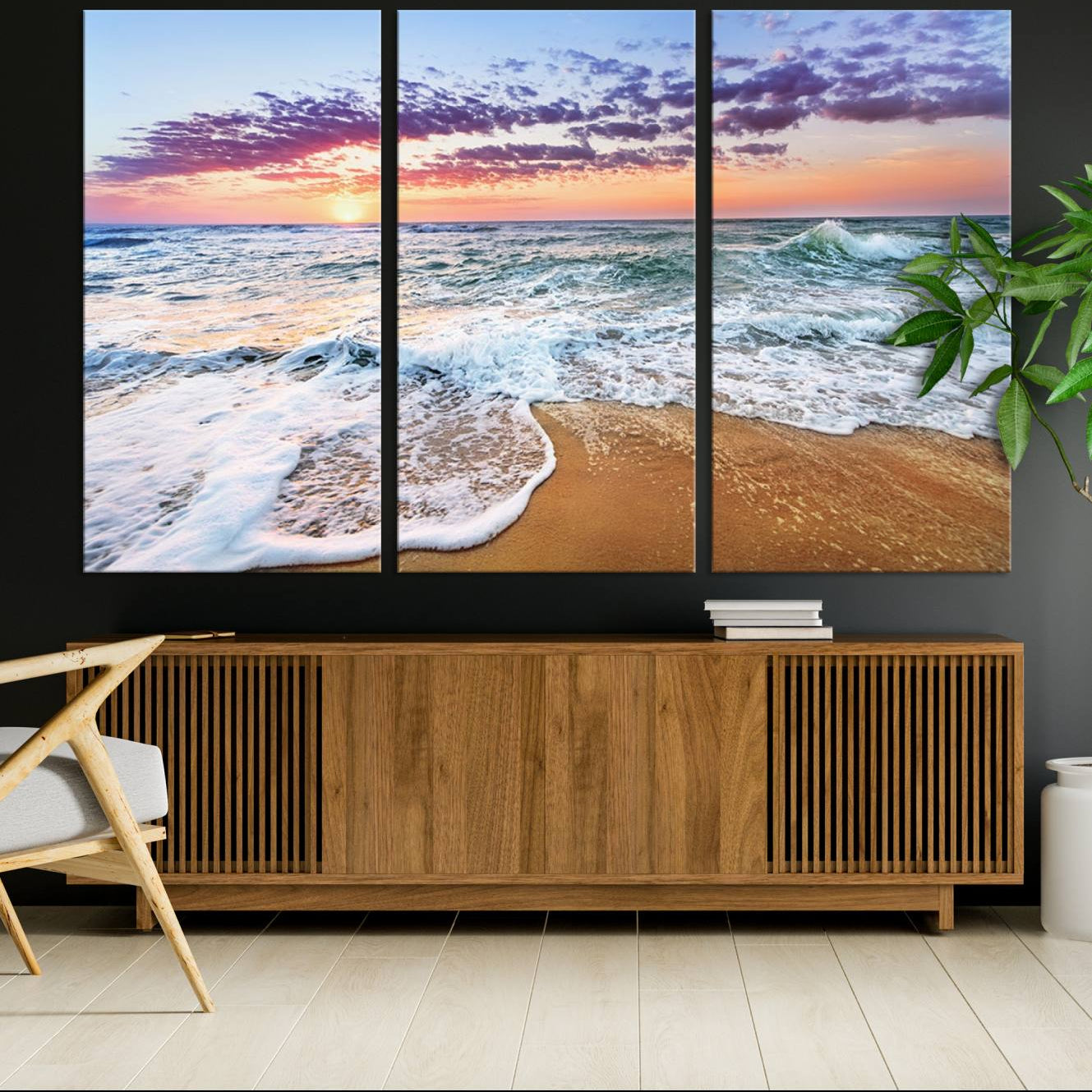 44120-MGV-CV-36X24-Vivid Sunset Ocean Waves Wall Art Print, Coastal Beach Canvas Print, Triptych Sunset Beach Art for