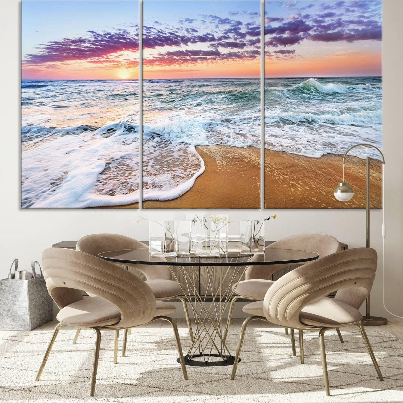-Vivid Sunset Ocean Waves Wall Art Print, Coastal Beach Canvas Print, Triptych Sunset Beach Art for