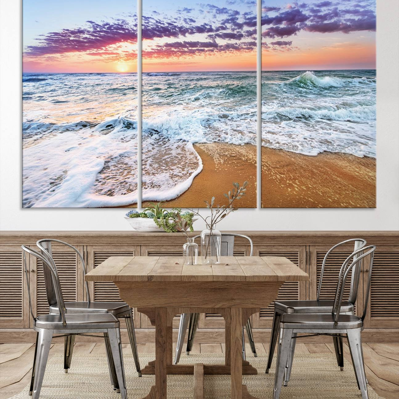 -Vivid Sunset Ocean Waves Wall Art Print, Coastal Beach Canvas Print, Triptych Sunset Beach Art for