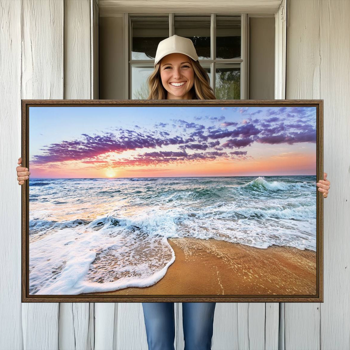 44120-MGV-CV-36X24-Vivid Sunset Ocean Waves Wall Art Print, Coastal Beach Canvas Print, Triptych Sunset Beach Art for