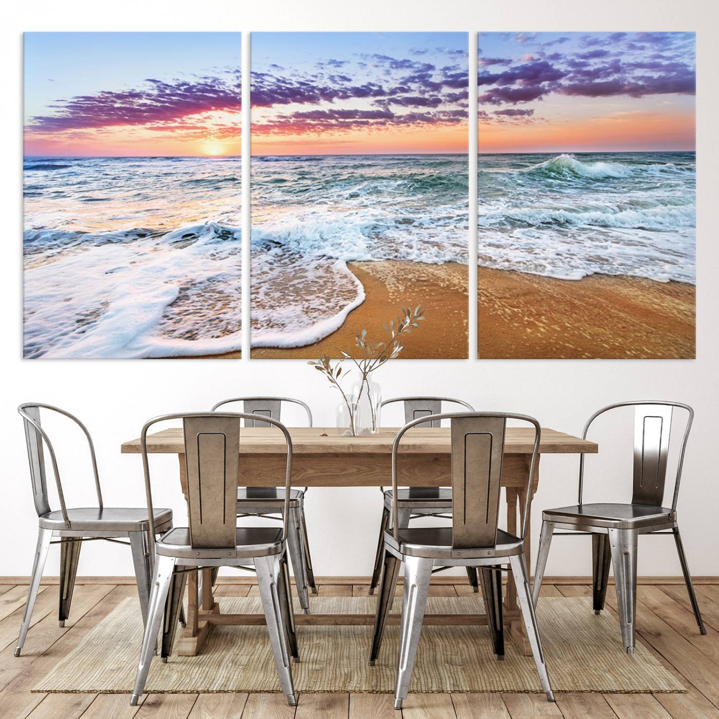 -Vivid Sunset Ocean Waves Wall Art Print, Coastal Beach Canvas Print, Triptych Sunset Beach Art for