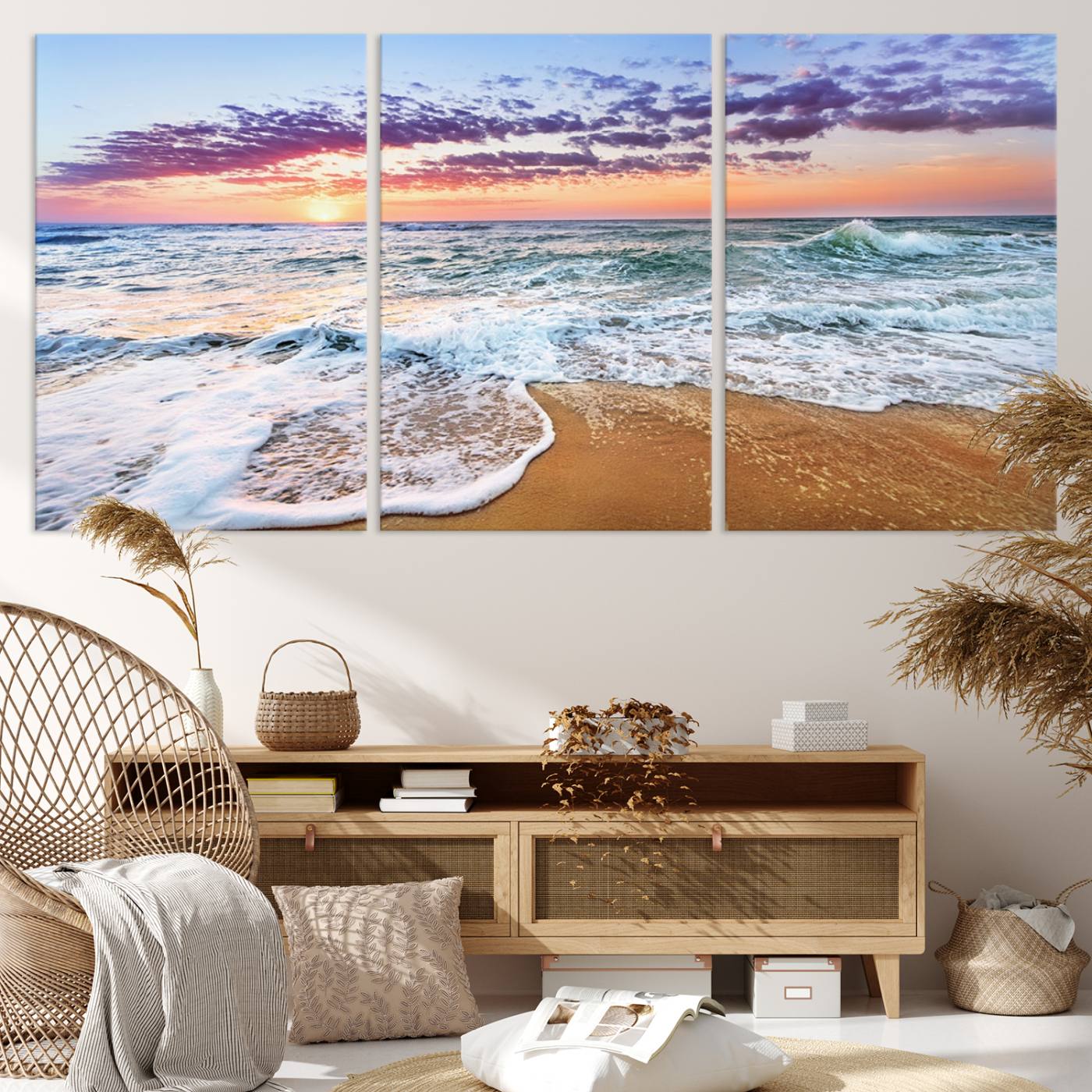 -Vivid Sunset Ocean Waves Wall Art Print, Coastal Beach Canvas Print, Triptych Sunset Beach Art for