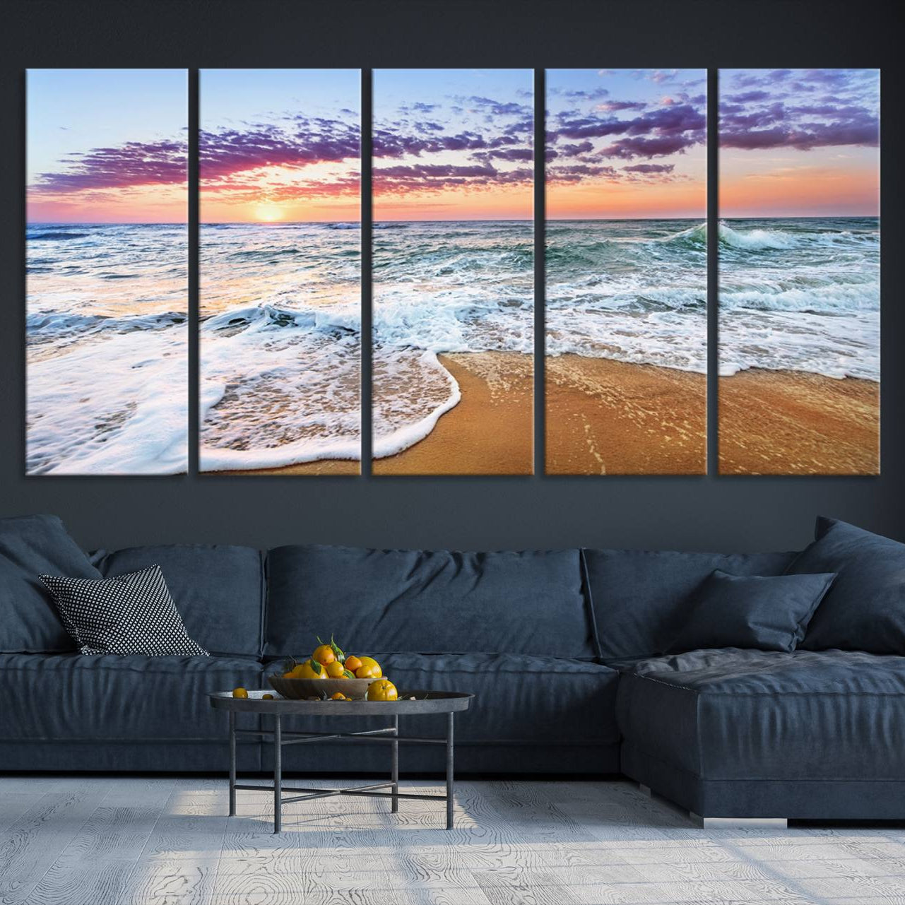-Vivid Sunset Ocean Waves Wall Art Print, Coastal Beach Canvas Print, Triptych Sunset Beach Art for