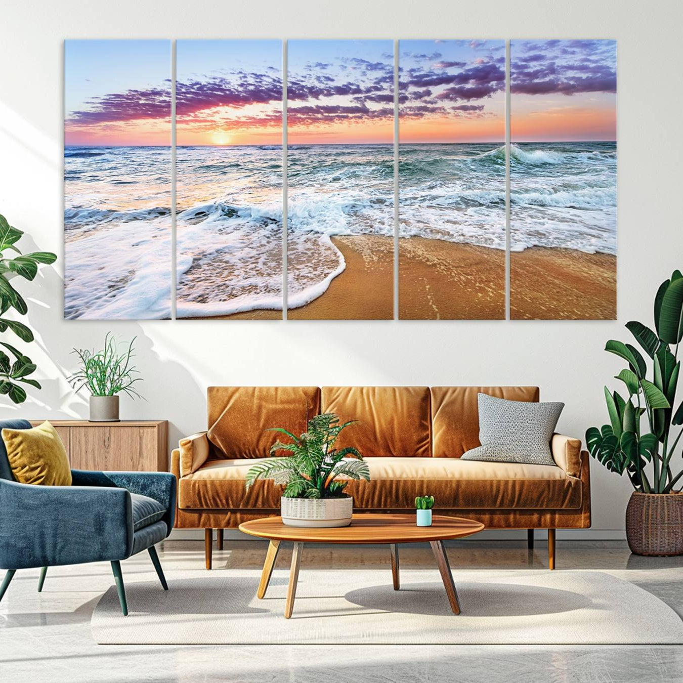 -Vivid Sunset Ocean Waves Wall Art Print, Coastal Beach Canvas Print, Triptych Sunset Beach Art for
