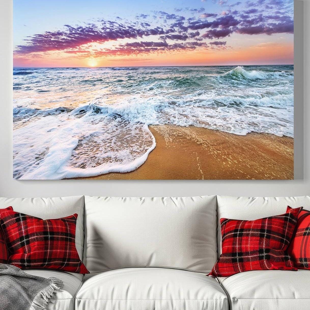 -Vivid Sunset Ocean Waves Wall Art Print, Coastal Beach Canvas Print, Triptych Sunset Beach Art for
