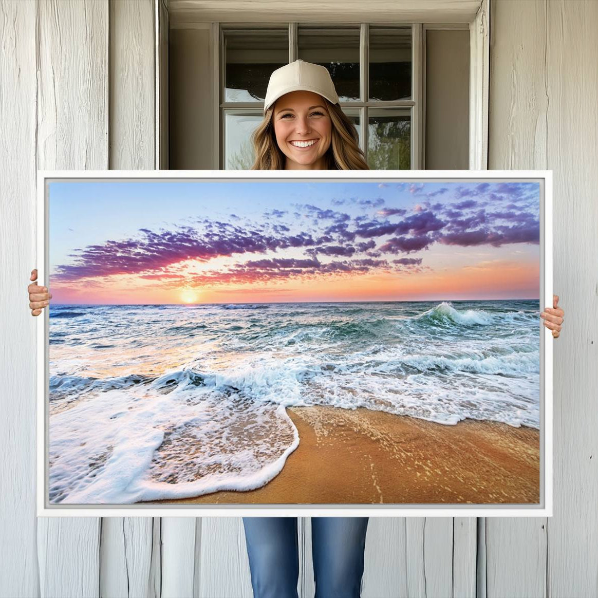 -Vivid Sunset Ocean Waves Wall Art Print, Coastal Beach Canvas Print, Triptych Sunset Beach Art for
