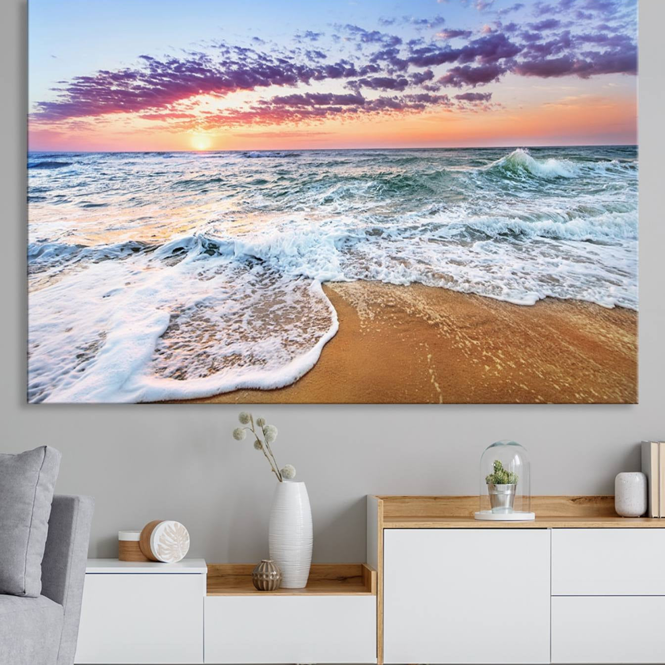 44120-MGV-CV-36X24-Vivid Sunset Ocean Waves Wall Art Print, Coastal Beach Canvas Print, Triptych Sunset Beach Art for