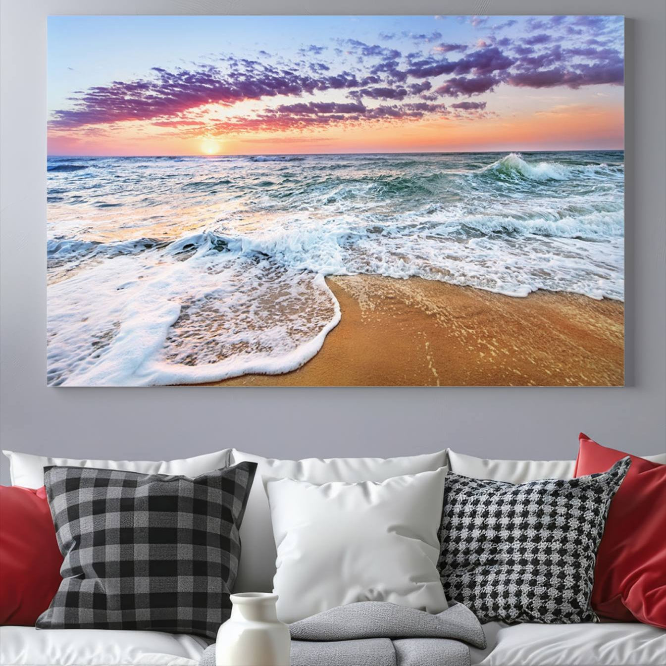 -Vivid Sunset Ocean Waves Wall Art Print, Coastal Beach Canvas Print, Triptych Sunset Beach Art for