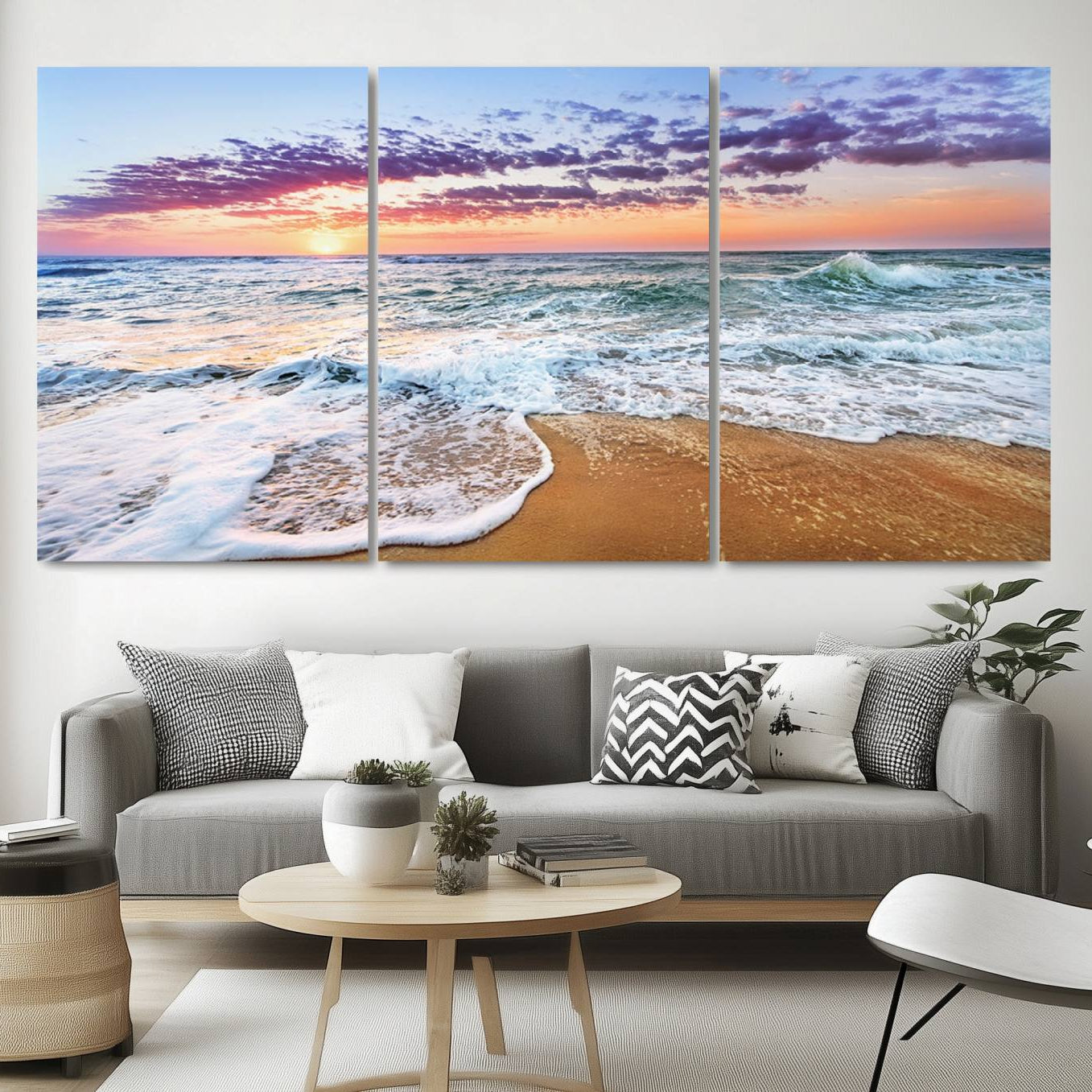 44120-MGV-CV-60X30-3P-Vivid Sunset Ocean Waves Wall Art Print, Coastal Beach Canvas Print, Triptych Sunset Beach Art for